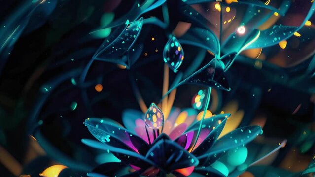Mesmerizing VJ loop of a colorful crystal neon flower, featuring dew drops, a dark blue core, and pink outer petals. Perfect for electronic music events and captivating multimedia shows.