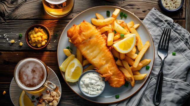 Fried fish and fries served on a porcelain plate. Seasonings, lemon, tartar sauce, beer on a wooden table. 