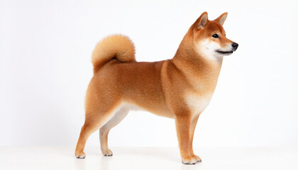Shiba Inu photographed from right beside on white background