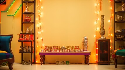 Happy Diwali Concept - home decoration with string lights and lamps.