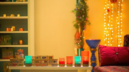 Happy Diwali Concept - home decoration with string lights and lamps.