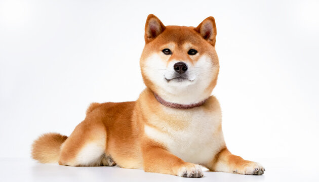 Lie down Shiba Inu photographed against a white background