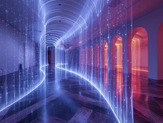 Cloud Migration Pathways illustrate data migration journey via light installations, beams represent data packets navigating cloud challenges and opportunities.