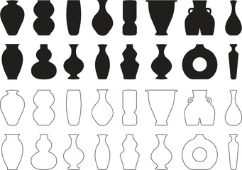 Ancient ceramic vases Icons Set. Contemporary art for home Decoration. Glass jar, Ceramic vase pot black silhouette signs in flat styles editable stock. Antique vase symbols on transparent background.