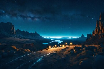 illustration landscape oy journey travel adventure in night sky