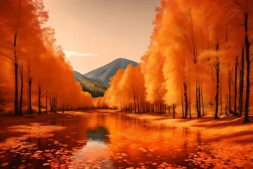 Poster Color landscape paintings featuring warm orange hues in autumn, created using ink watercolors, Generative AI © Eun Woo Ai