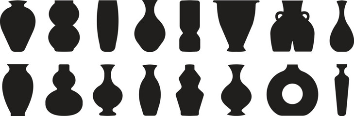 Set of Ancient ceramic vases Icons. Contemporary art for home Decorations. Glass jar, Ceramic vase pot black silhouette signs in Fill styles. Antique vases symbols vectors on transparent background. - obrazy, fototapety, plakaty