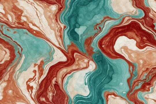 light red and teal colors blending, fluid watercolor paint background