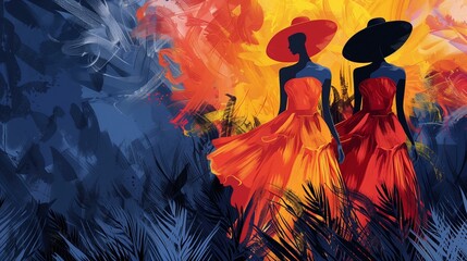 Artistic Impression of Two Women in Red Dresses with Tropical Background - obrazy, fototapety, plakaty