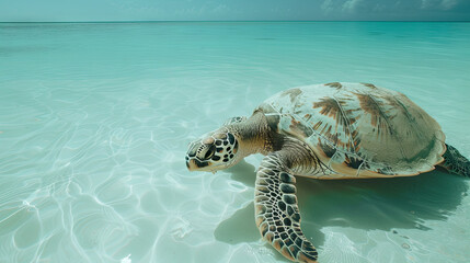 Obraz premium With elegance, a sea turtle navigates the profound depths of the ocean, moving gracefully through the underwater expanse