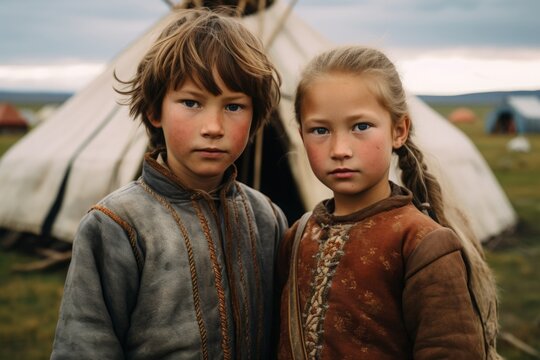 Evenki children, boy and girl, standing near the yurt. the indigenous inhabitants of the northern regions.