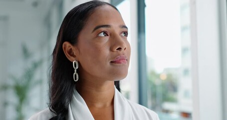 Business, office and thinking with woman, ideas or opportunity with planning or thoughts. Professional, PR consultant or person with confidence or corporate with solution, decision or problem solving