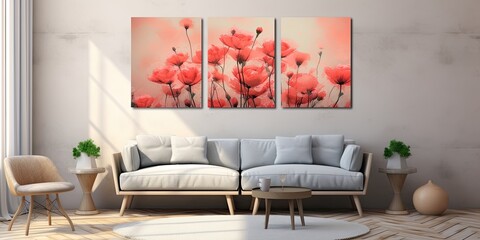 Floral artwork on triptych canvas with furniture in room.
