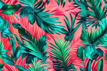 Tropical bright colorful background with exotic painted tropical palm leaves. Minimal fashion...