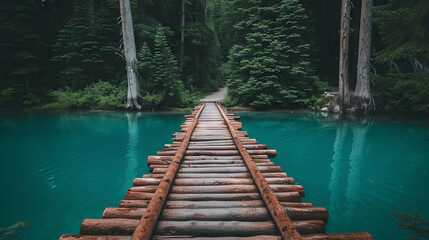 Spanning the serene and tranquil waters, a wooden bridge stretches gracefully across the turquoise lake, forming a truly picturesque and captivating scene