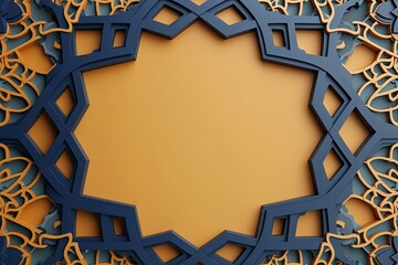 navy blue and beige islamic octagonal ornament with curved pattern on amber background - obrazy, fototapety, plakaty