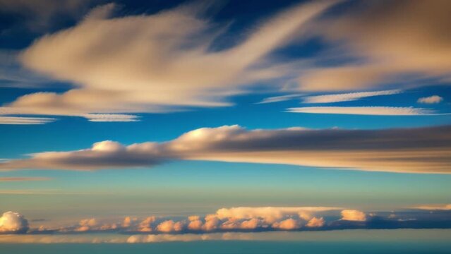 Timelapse video showcasing a blue sky dotted with clouds, transforming majestically. Atmospheric circulation concept. Documentary footage. Time lapse. Cloud background. 4K.
