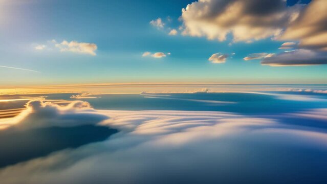 Majestic clouds billow and drift in a seamless time lapse, painting a breathtaking scene against the azure expanse, symbolizing the tranquil essence of a sunny day. Timelapse. Sky background. 4K HDR.
