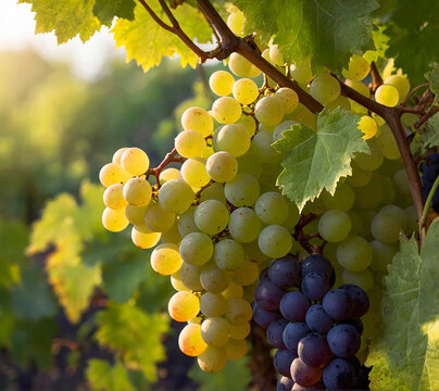 Bunches of white and blue grapes in a vineyard close-up