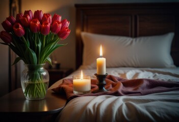 Obraz na płótnie Canvas A burning candle and a vase filled with tulips resting on a bed, captured in closeup by ai generated