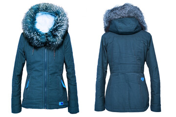 Woman clothes. Collage of stylish blue female winter jacket with fur hood on mannequin isolated on...