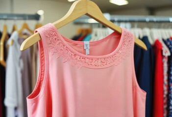 A close-up of a tunic dress gracefully hung on a hanger in a store - obrazy, fototapety, plakaty