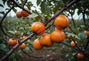 A close-up of a tree branch bearing persimmon fruits in a plantation, showcasing nature's bounty by ai generated