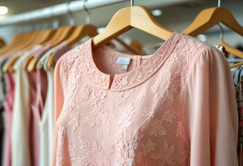 A close-up of a tunic dress gracefully hung on a hanger in a store - obrazy, fototapety, plakaty