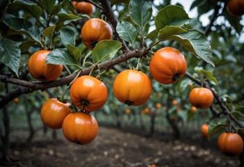 A close-up of a tree branch bearing persimmon fruits in a plantation, showcasing nature's bounty by ai generated