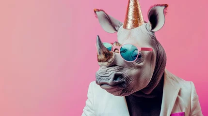 Plexiglas foto achterwand A whimsically styled rhino dons vibrant sunglasses and a party hat against a pink background. Funny animal. © Nikola