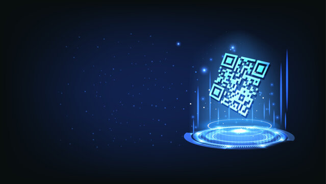 QR code futuristic banner. QR code verification banner. Verification concept for online shopping, shopping special offer promotion and marketing. Web banner template. Hologram illustration. Vector.