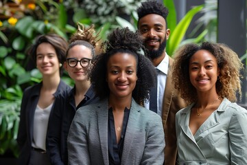 Group of People in Business Attire with diverse gender and nationality standing together and smiling