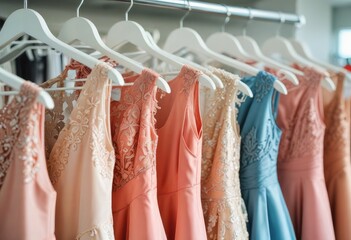 A close-up of formal dresses elegantly displayed on hangers in a boutique, exuding sophistication and glamour