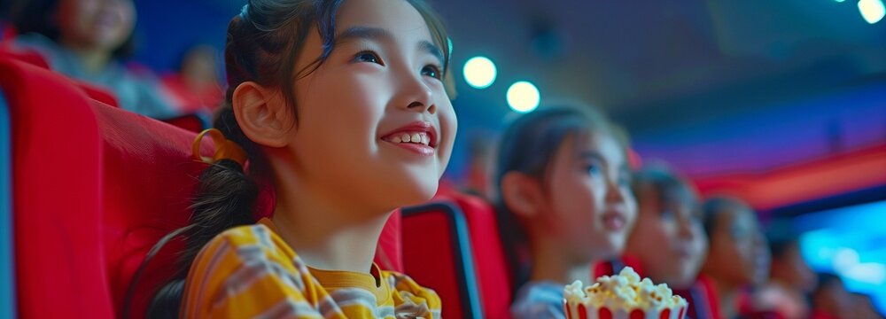 A happy family from Asia sits down together on a red seat to see a movie in a theatre while enjoying some popcorn.