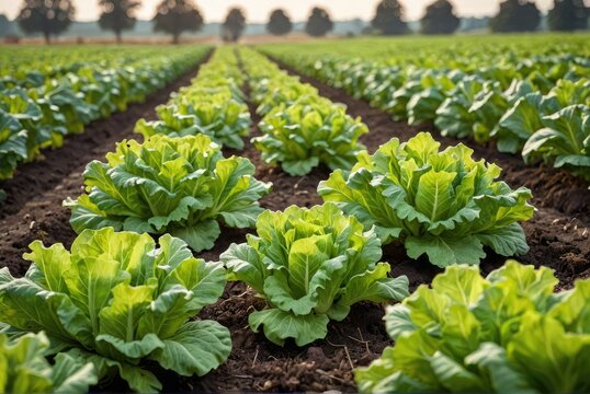 A close-up of lettuce in an organic vegetable garden amidst sunlit rural fields