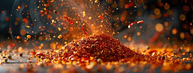 A dark background with flying meat stakes adorned with powdered spices, garlic, and hot red pepper. Motion stillness - obrazy, fototapety, plakaty