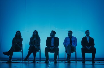Corporate Symposium: Three Men and One Woman, Participants in Business Attire, Seated Against Blue Background
