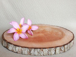 Obraz na płótnie Canvas Asian tropical flowers on cut wood trunk