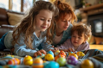 In a Pastel Nursery, Parent and Children Embrace Easter Joy, Collecting Colorful Eggs Amidst Vibrant Spring Decorations - obrazy, fototapety, plakaty