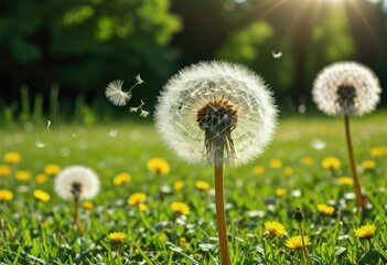 A dandelion plant sways in the spring and summer breeze, its delicate seeds carried by the wind by ai generated