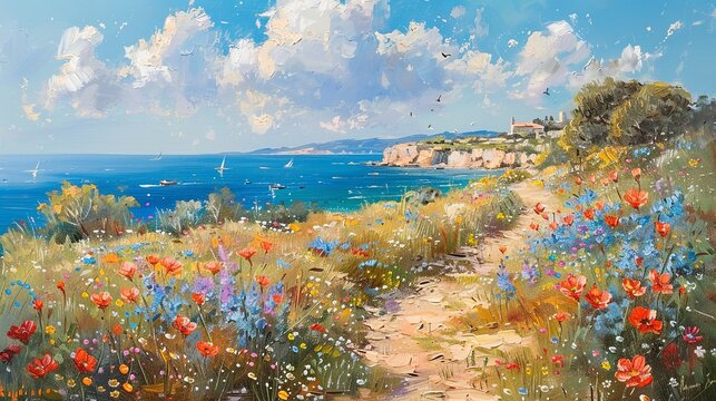 Coastal Cliff Walk with Wildflowers Overlooking the Sea