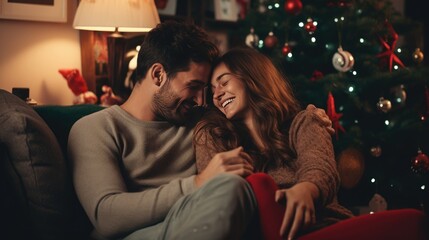 A Couple Cuddling and Smiling During Christmas Time