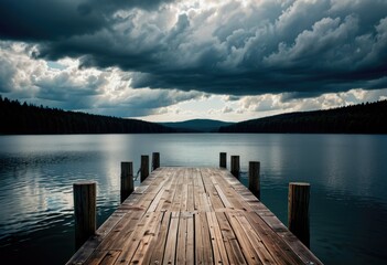 A dock extending over a serene lake, with a cloudy sky providing a dramatic backdrop by ai generated
