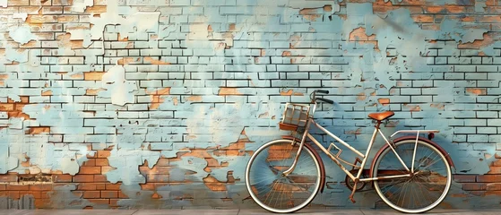 Gordijnen An antique bicycle by the side of the road with an old brick wall backdrop © tongpatong