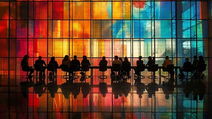 people in conference room silhouettes with a bright window in the background - obrazy, fototapety, plakaty