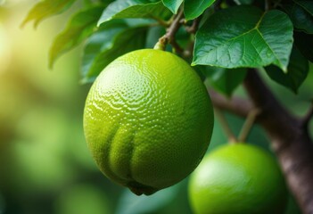 A green lemon hangs from the tree, set against a blurred green background, ripe for picking by ai generated