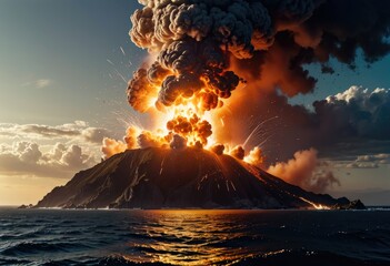 A colossal explosion erupting from a mountain near a stunning ocean, creating a spectacle of destruction and beauty 