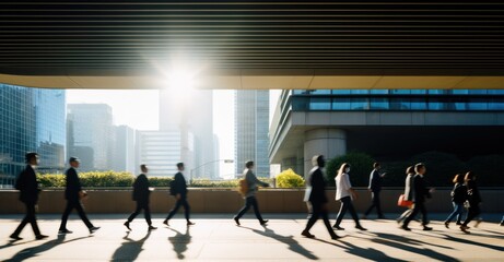 Unrecognizable crowd moves through city streets in the warm evening light, embodying urban rhythm
