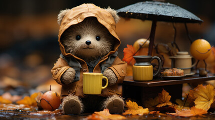 Teddy Bear with tea garden outfit - obrazy, fototapety, plakaty