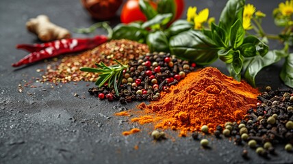 Various herbs and spices with white backdrop and blank space for label or text